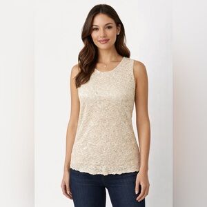 Vtg Y2K Lace Tank Top Medium Cream Sparkly Sleeveless Sheer Floral Overlay USA